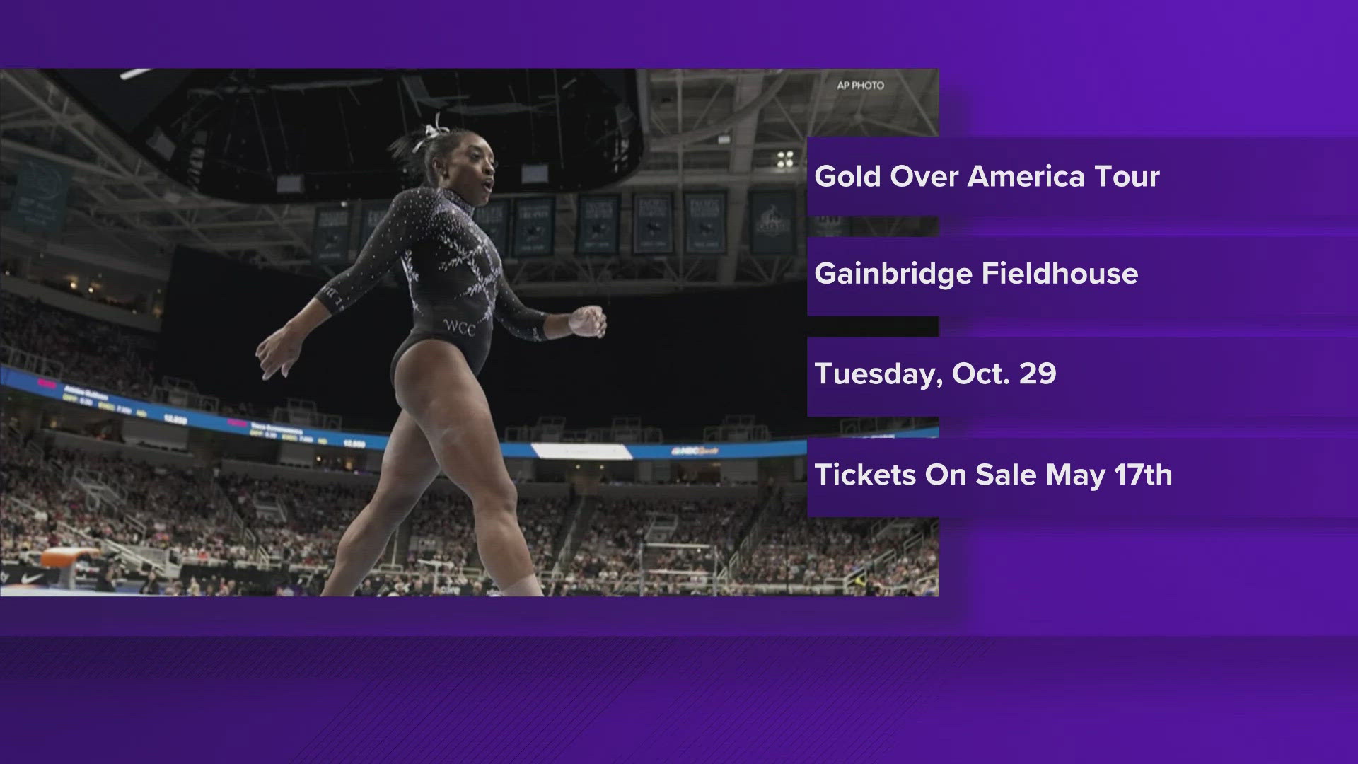 The event is scheduled for Tuesday, Oct. 29 at Gainbridge Fieldhouse. 
Tickets go on sale at 10 a.m. Friday, May 17th.