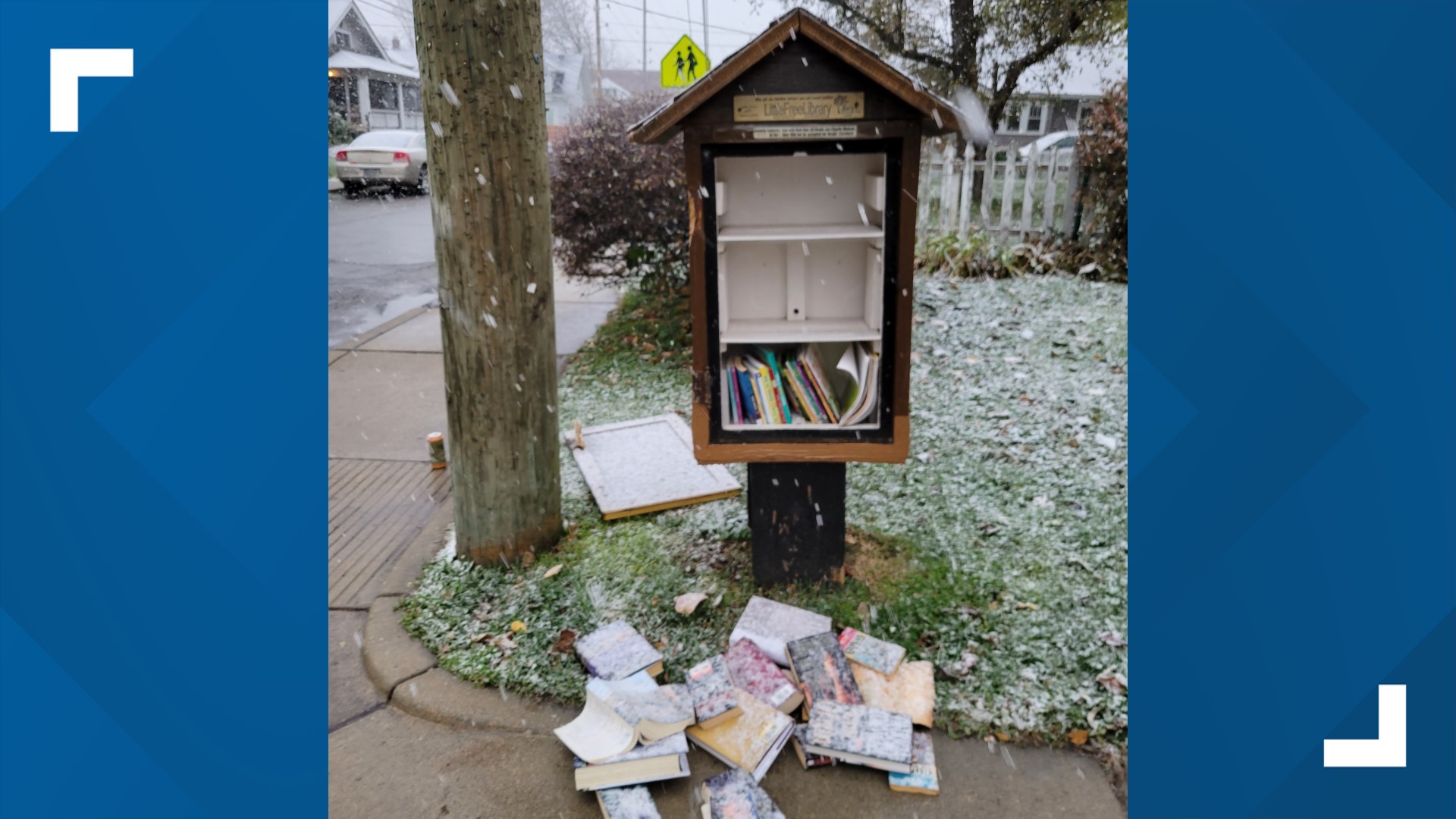 A Little Free Library was vandalized — the door torn off and the bookcase left empty. The owner said vandals hit his little stand several times this past week.