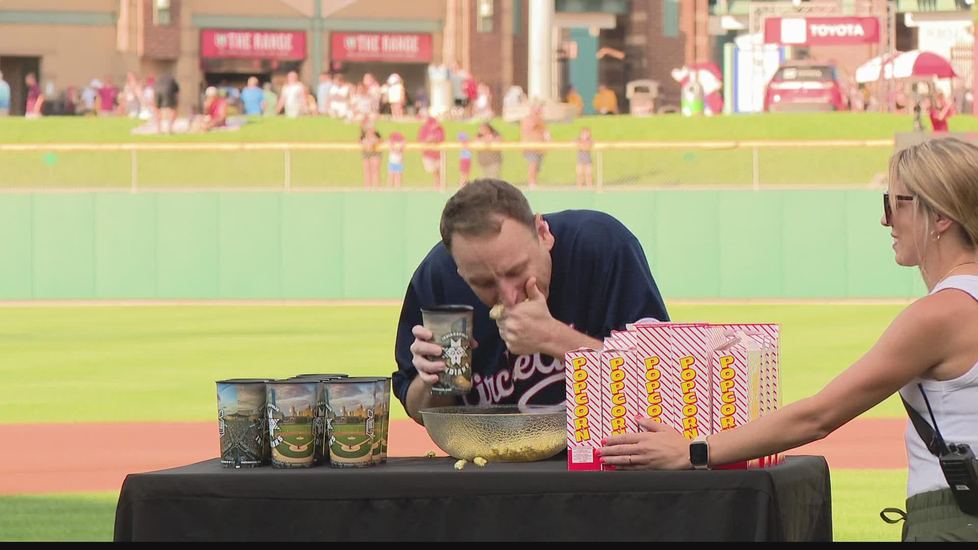 The world champion competitive eater took down Matt Stonie's record for the most popcorn eaten in eight minutes.