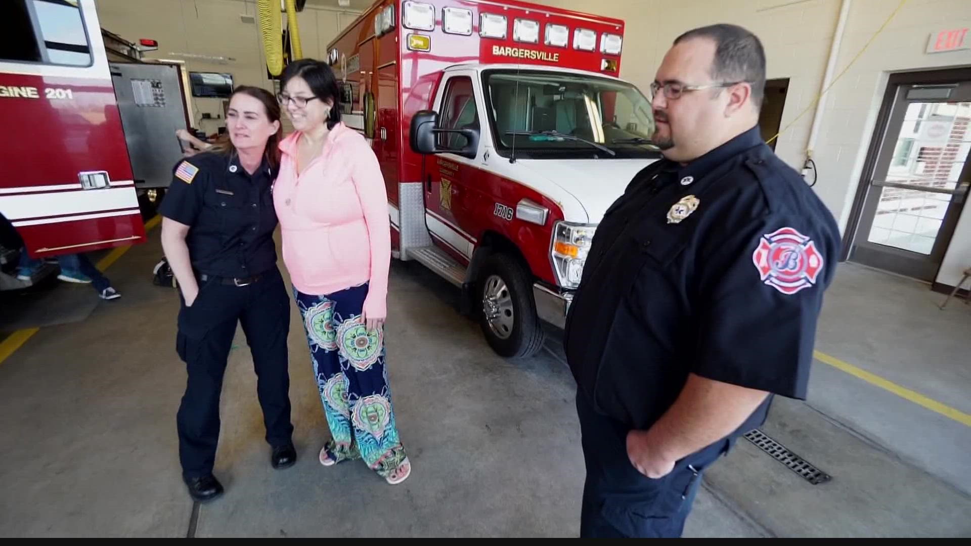 A woman who got to a life-saving transplant with just seconds to spare got thank the firefighters who helped her get to the hospital.