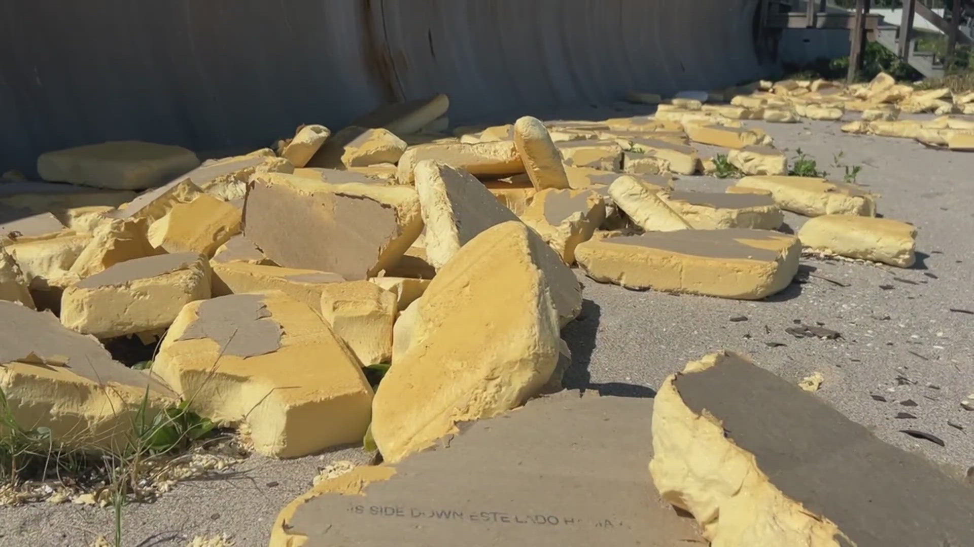 Large blocks of yellow construction foam are found along Palm Beach on the east coast of Florida. Volunteers and county crews are now cleaning up the beach.