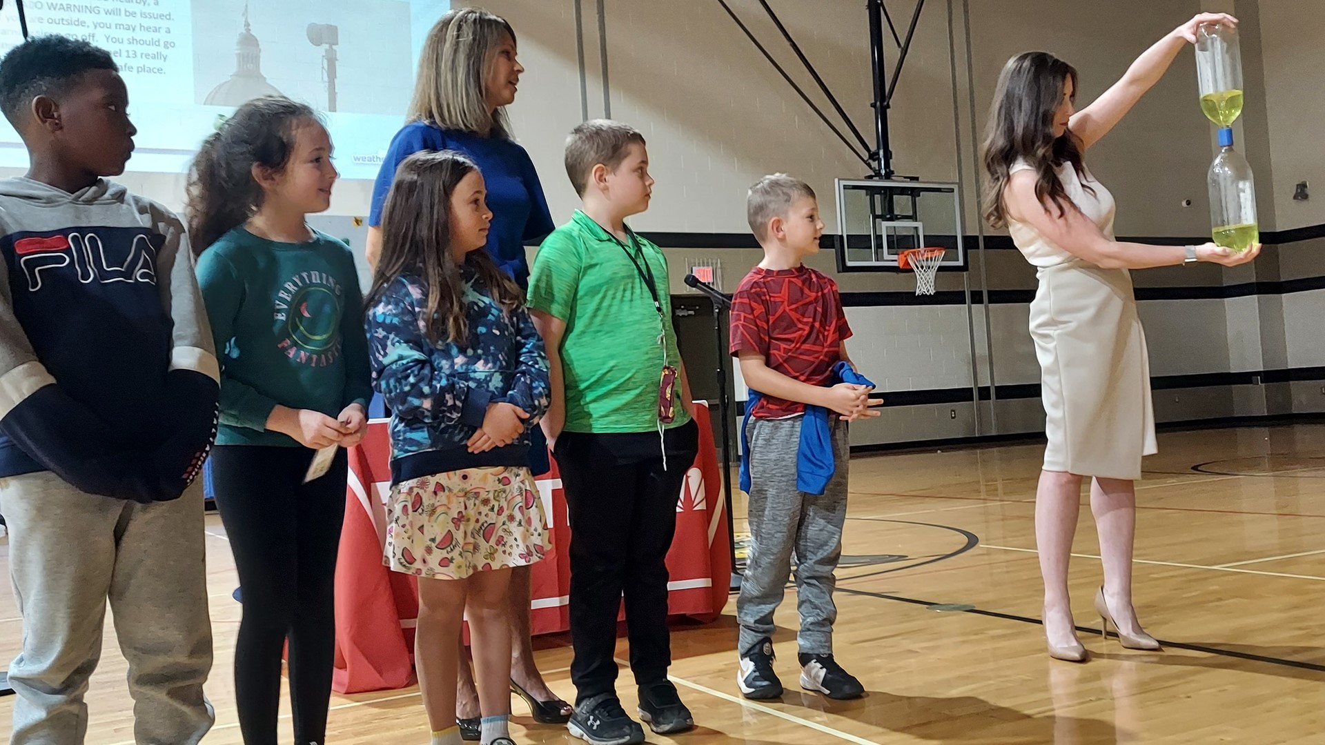 Angela Buchman and Lindsey Monroe gave an in-person Weather Academy presentation to second-graders at Mt. Comfort Elementary School in Greenfield on April 12, 2022.