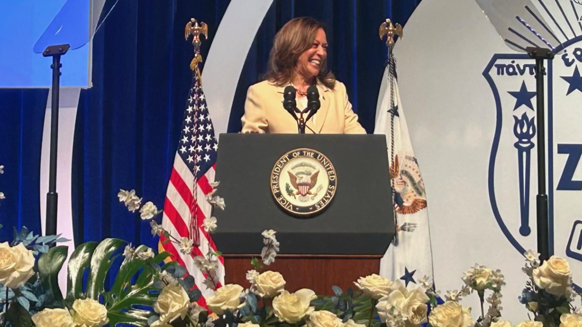 Vice President Kamala Harris spoke at the Zeta Phi Beta Sorority, Incorporated's Grand Boule at the Indiana Convention Center on July 24.