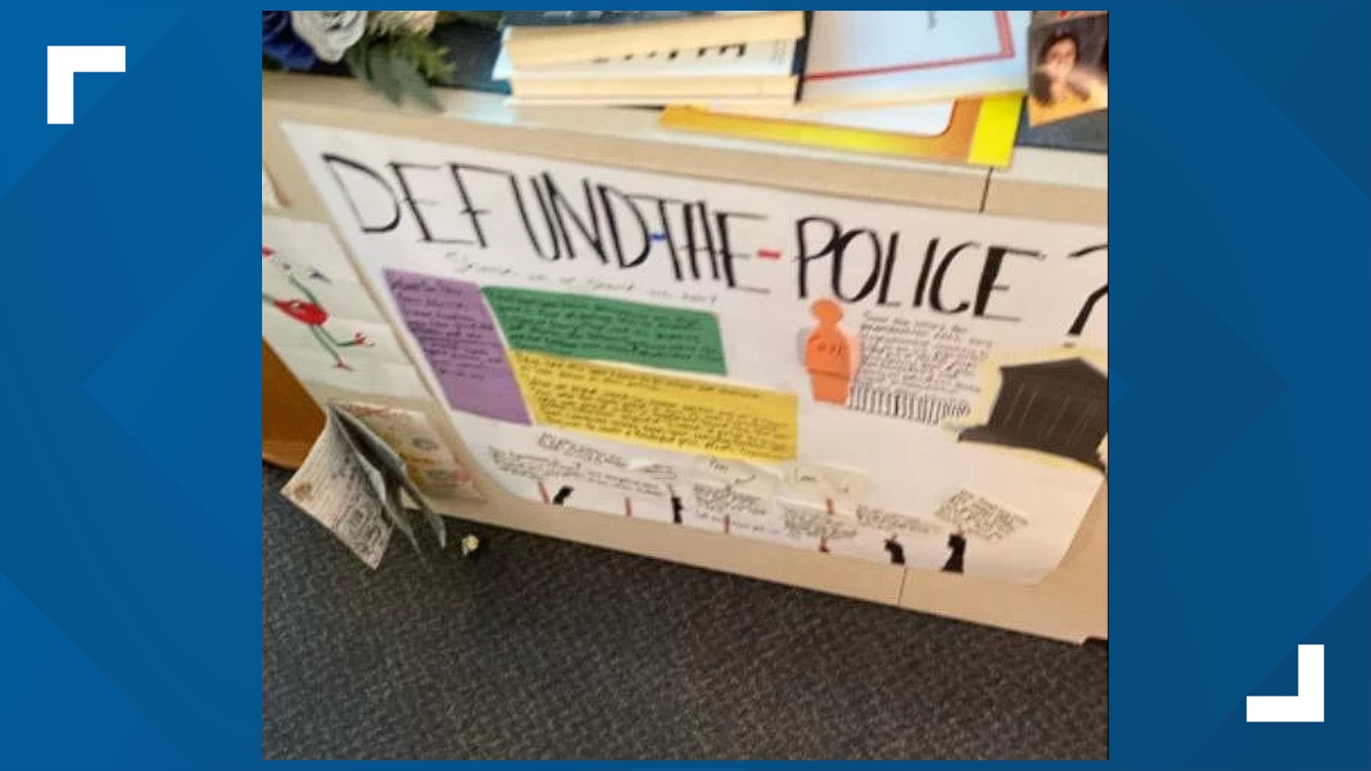 The younger brother of Ofc. Noah Shahnavaz returned to class at Fishers H.S. to see a poster discussing the movement to defund police departments.