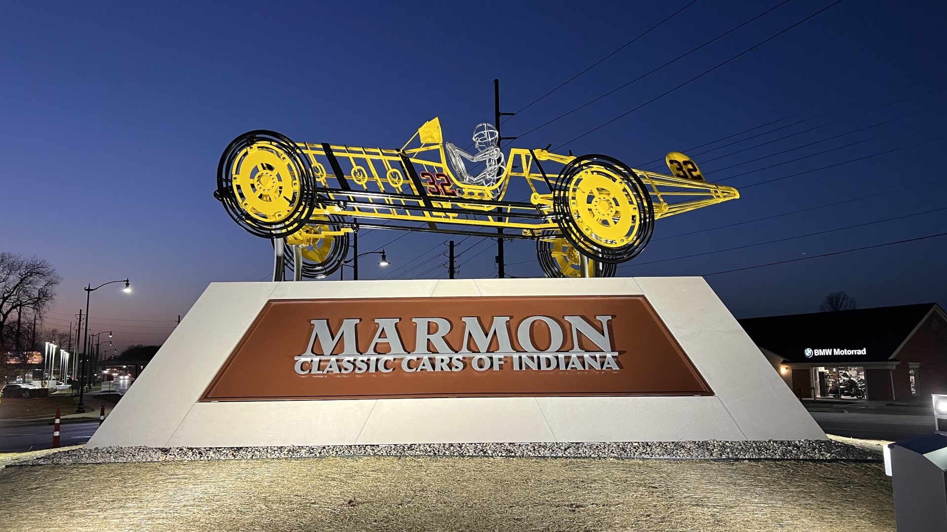 The first sculpture installed at 96th Street and Priority Way is the Marmon Wasp.