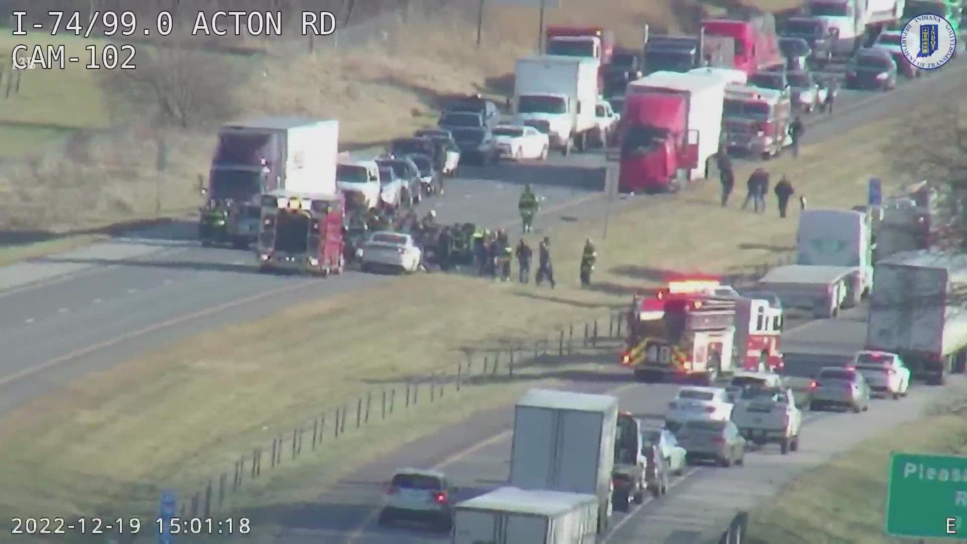 At least one person dead in a crash which has closed the westbound lanes of I-74 on the southeast side of Indianapolis.