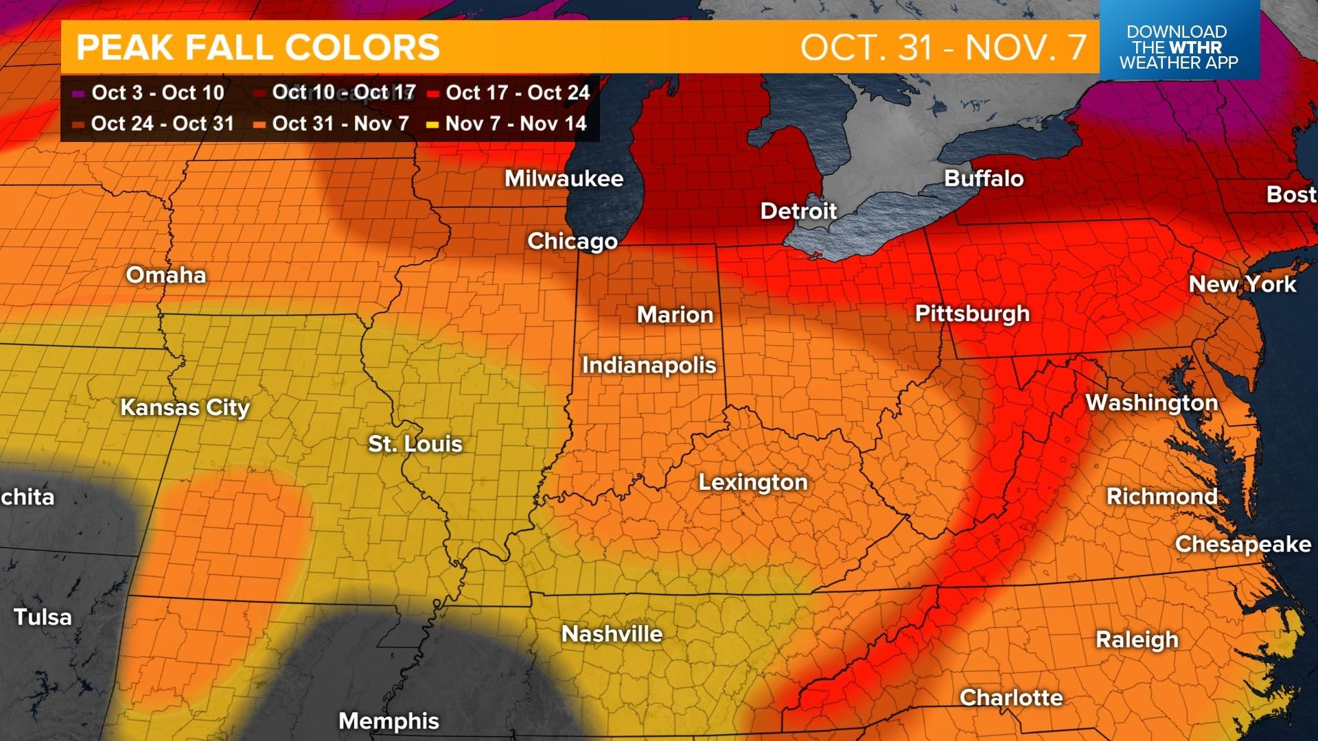 Cooler temperatures are helping leaves turn from north to south in Indiana.