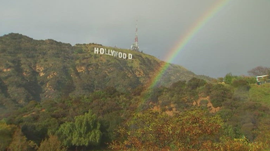 WATCH Rainbow follows snow at Hollywood sign