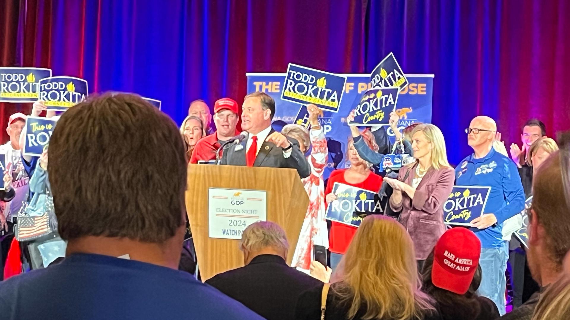 Republican Todd Rokita gives a victory speech at the GOP watch party for the attorney general's race.