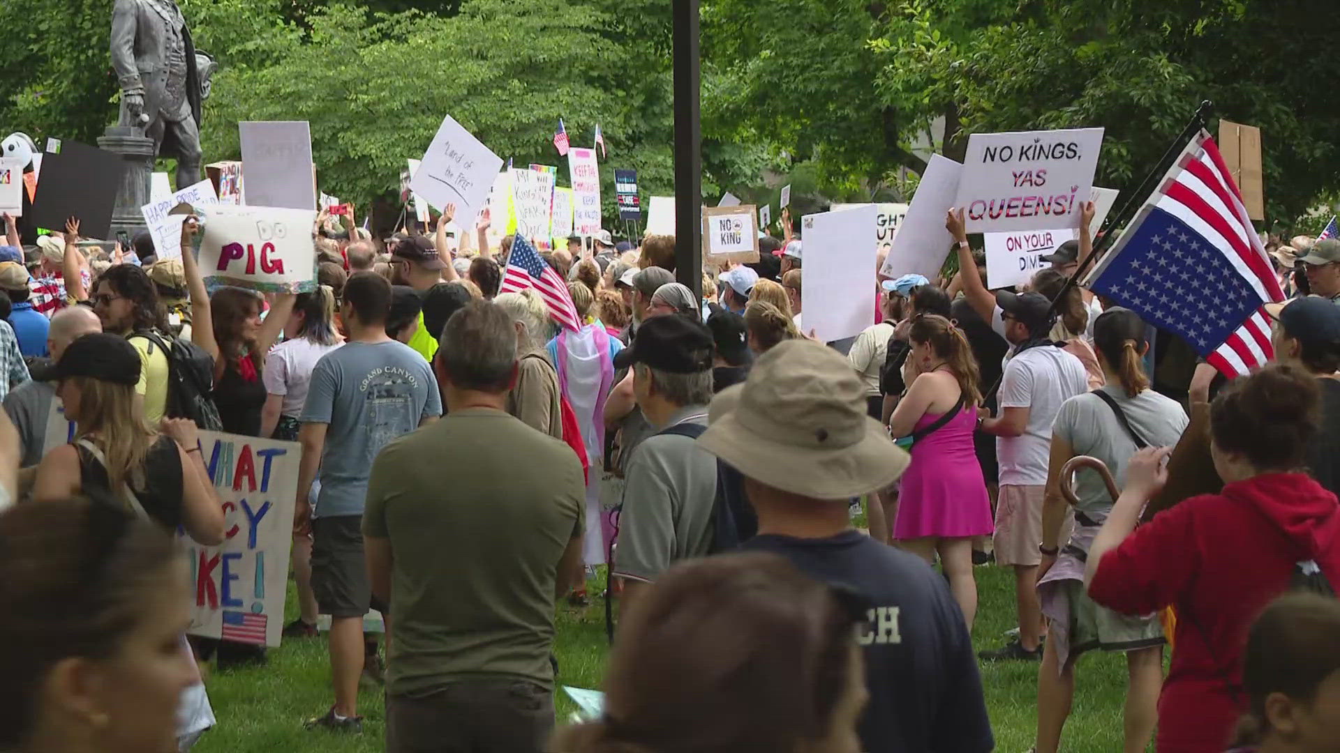 Just like across the country, protestors in Indianapolis took to the Statehouse lawn for the "No Kings" protest to voice their opposition to President Donald Trump.