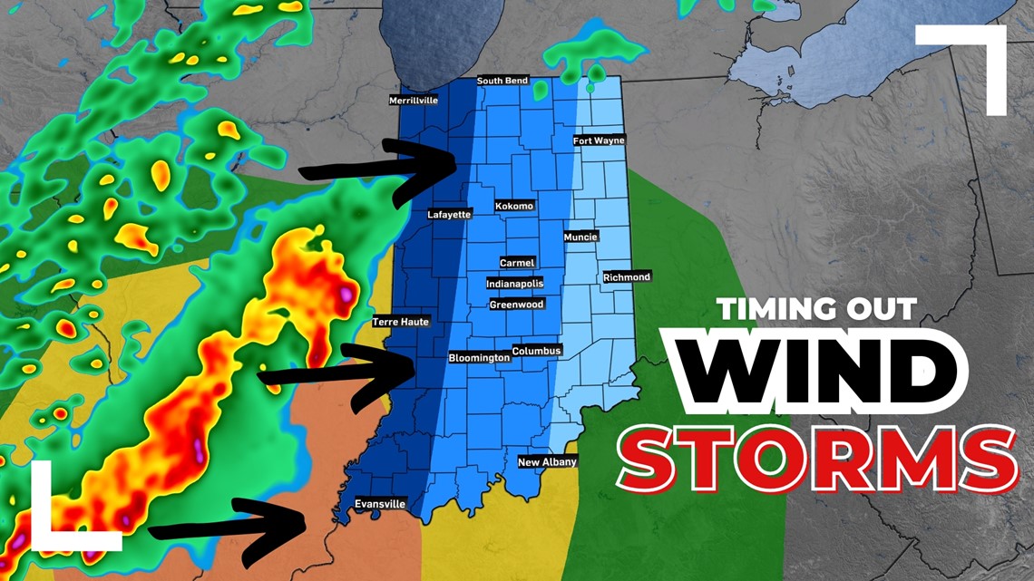 When are storms expected across Indiana on Thursday?