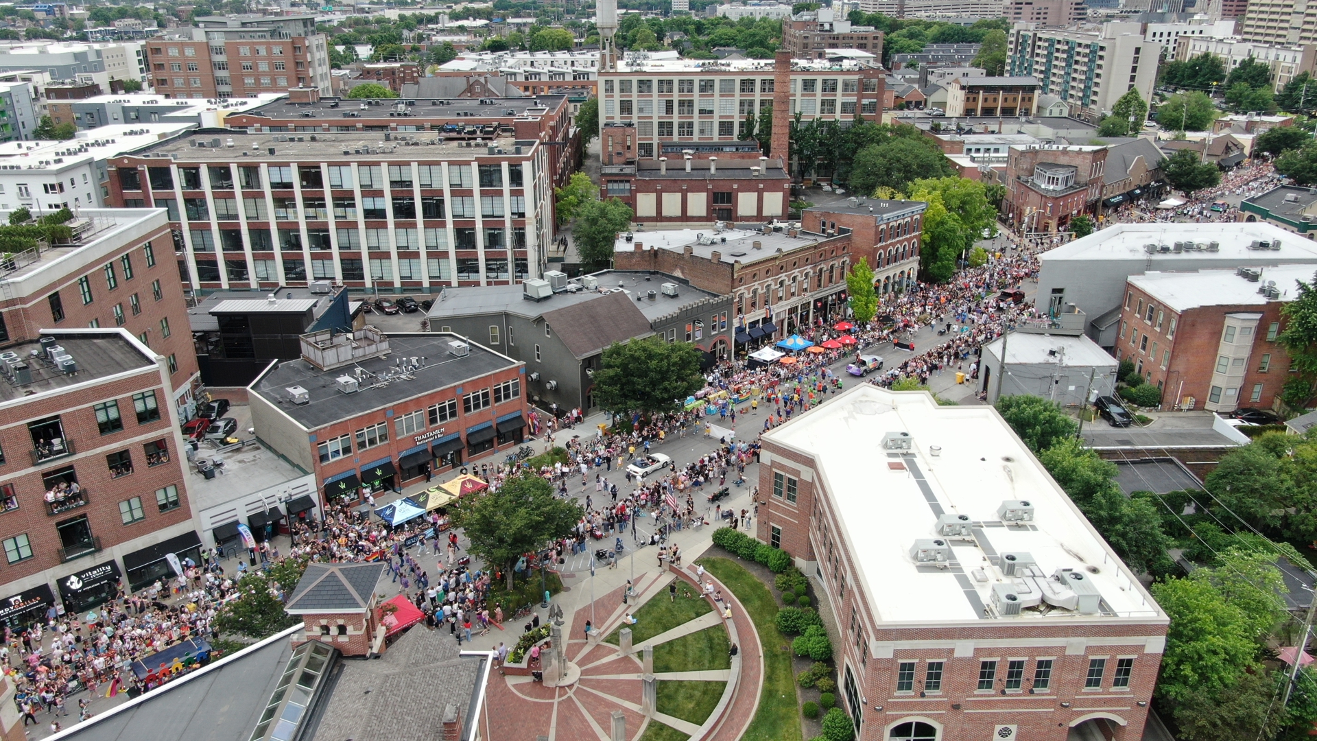 Dronecam 13 footage above the 2024 Indy Pride Parade in downtown Indianapolis.