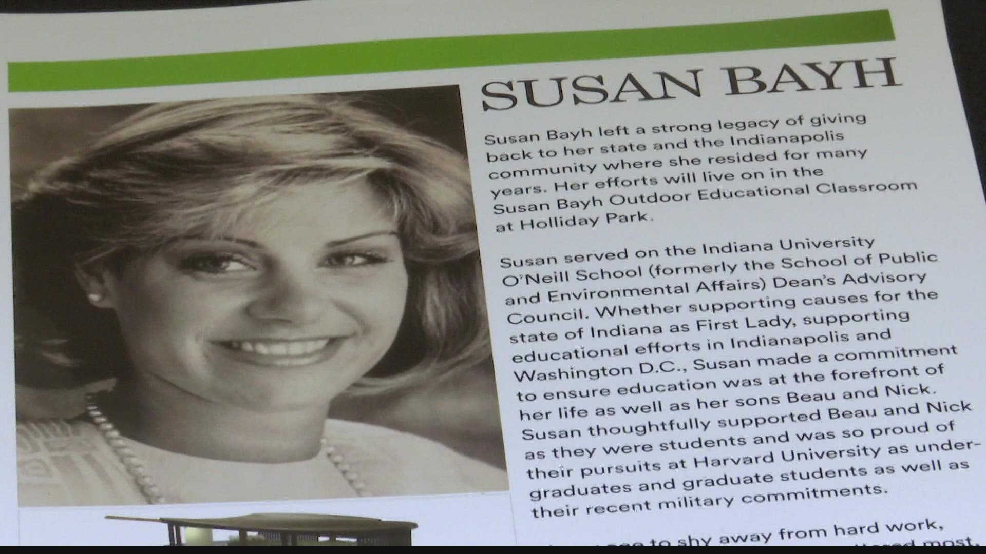 Plans are in the works to build an outdoor classroom at Holliday Park, named in honor of Susan Bayh.