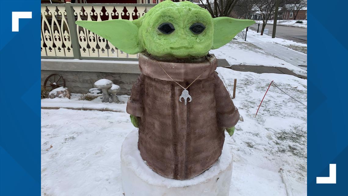 Baby Yoda snow sculpture in Greenfield