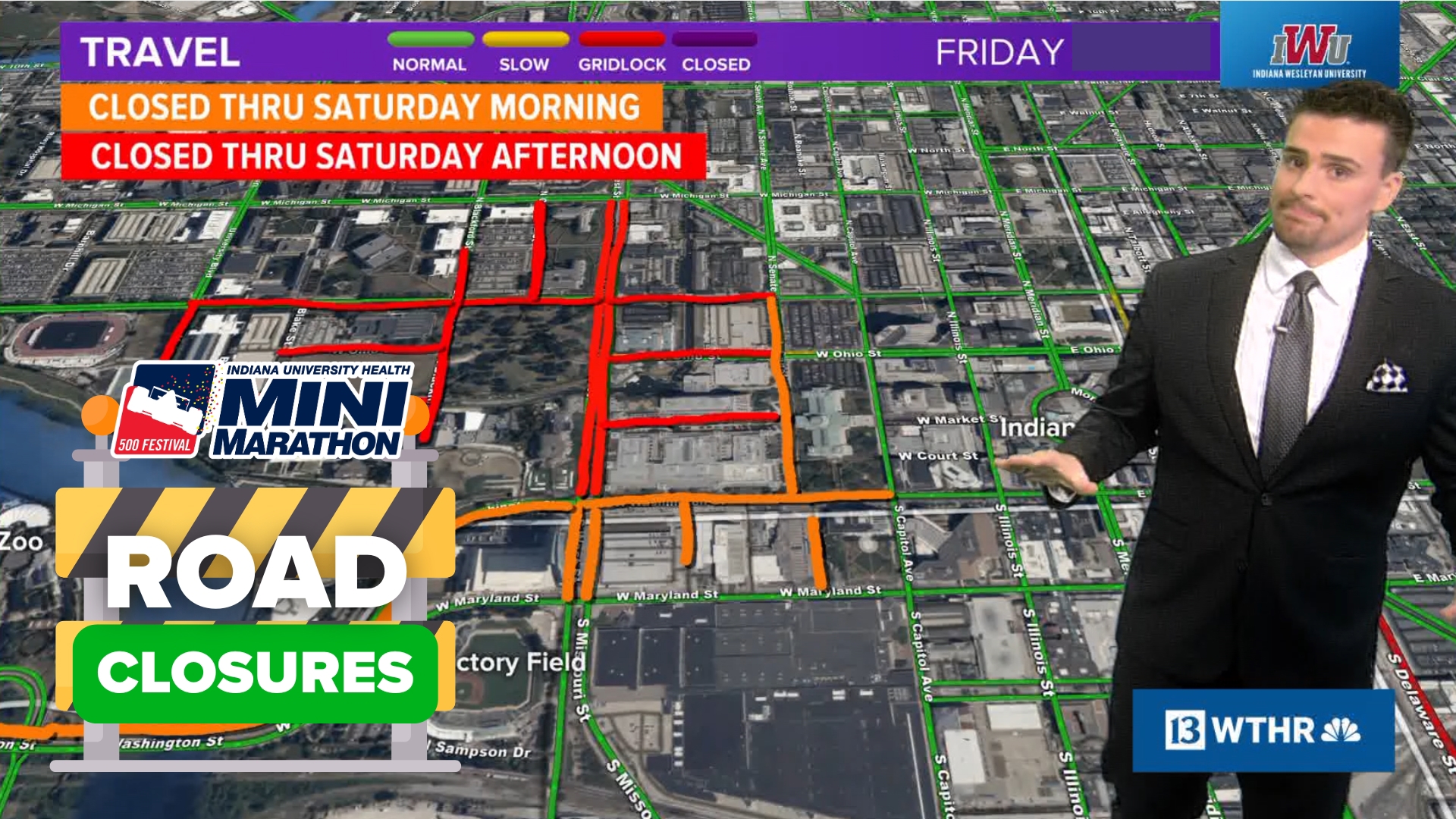 Races will begin after 7:30AM for the IU Health 500 Festival Mini Marathon, with road closures from Friday night through Saturday afternoon.