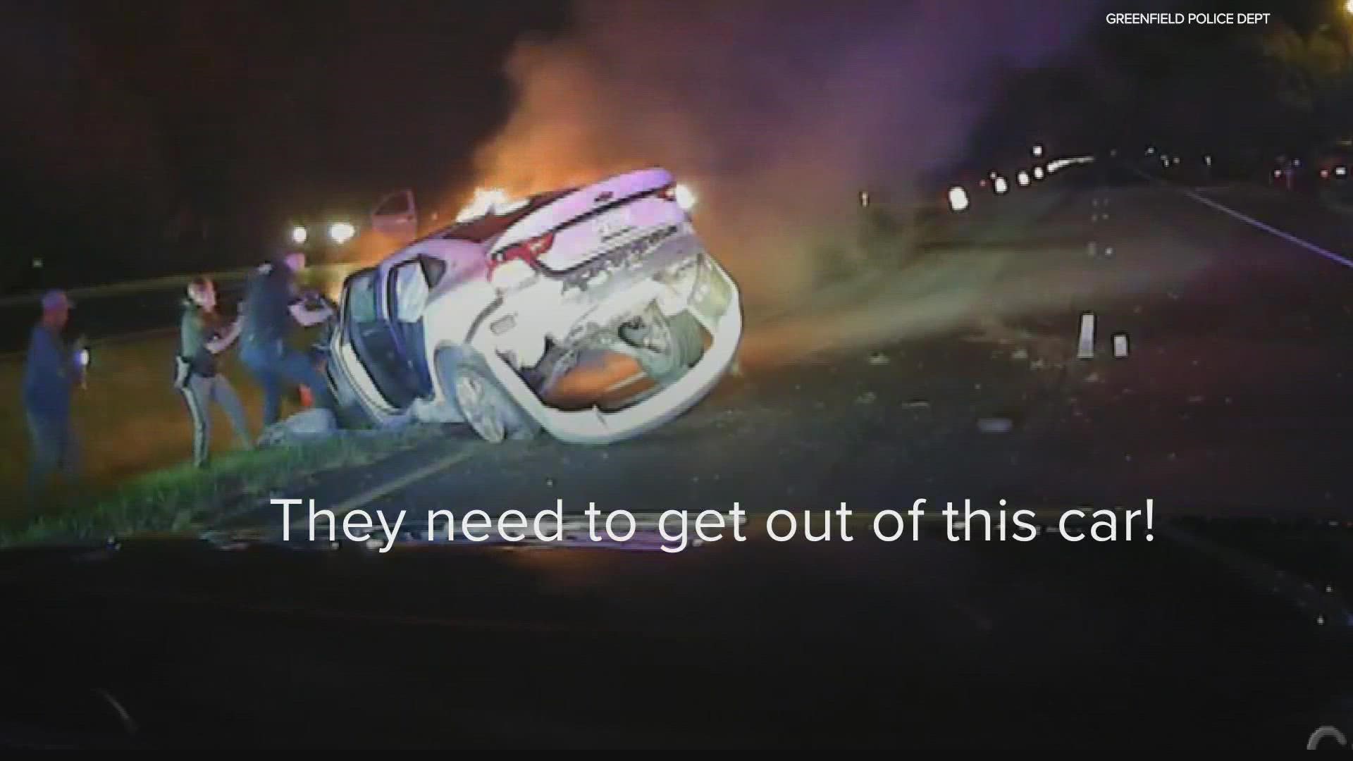 Police saved a Greenfield teenager from his burning car over the weekend. The rescue was all captured on camera.