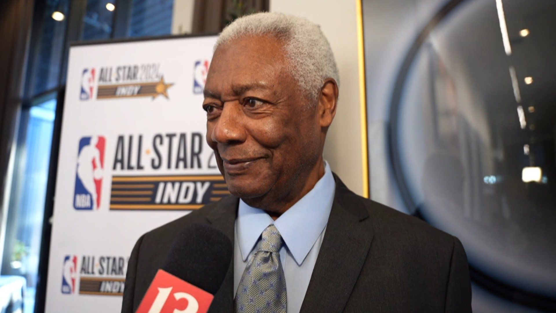 13Sports director Dave Calabro interviews Indianapolis basketball legend Oscar Robertson during All-Star Weekend festivities.
