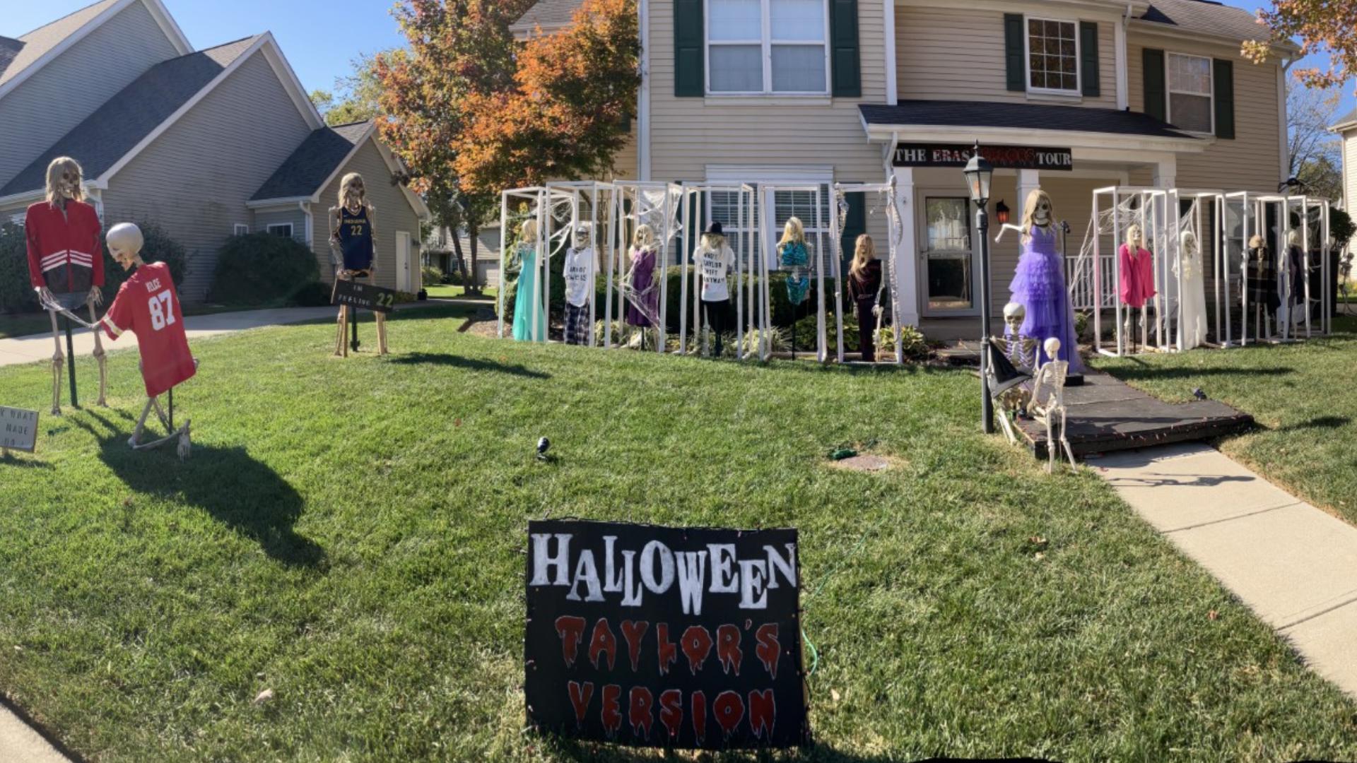 The decorations include 11 Eras boxes, a Taylor Swift skeleton, a graveyard of ex-boyfriends and a Travis Kelce skeleton.
