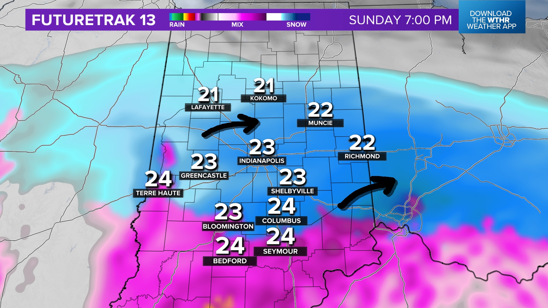 Arrival zones for heavy snow across Indiana on Sunday