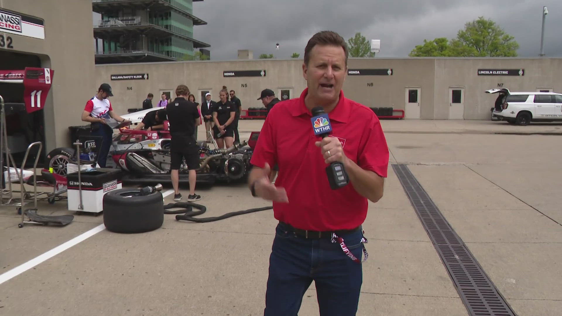 13Sports director Dave Calabro reports from Gasoline Alley during move-in day at the Indianapolis Motor Speedway.
