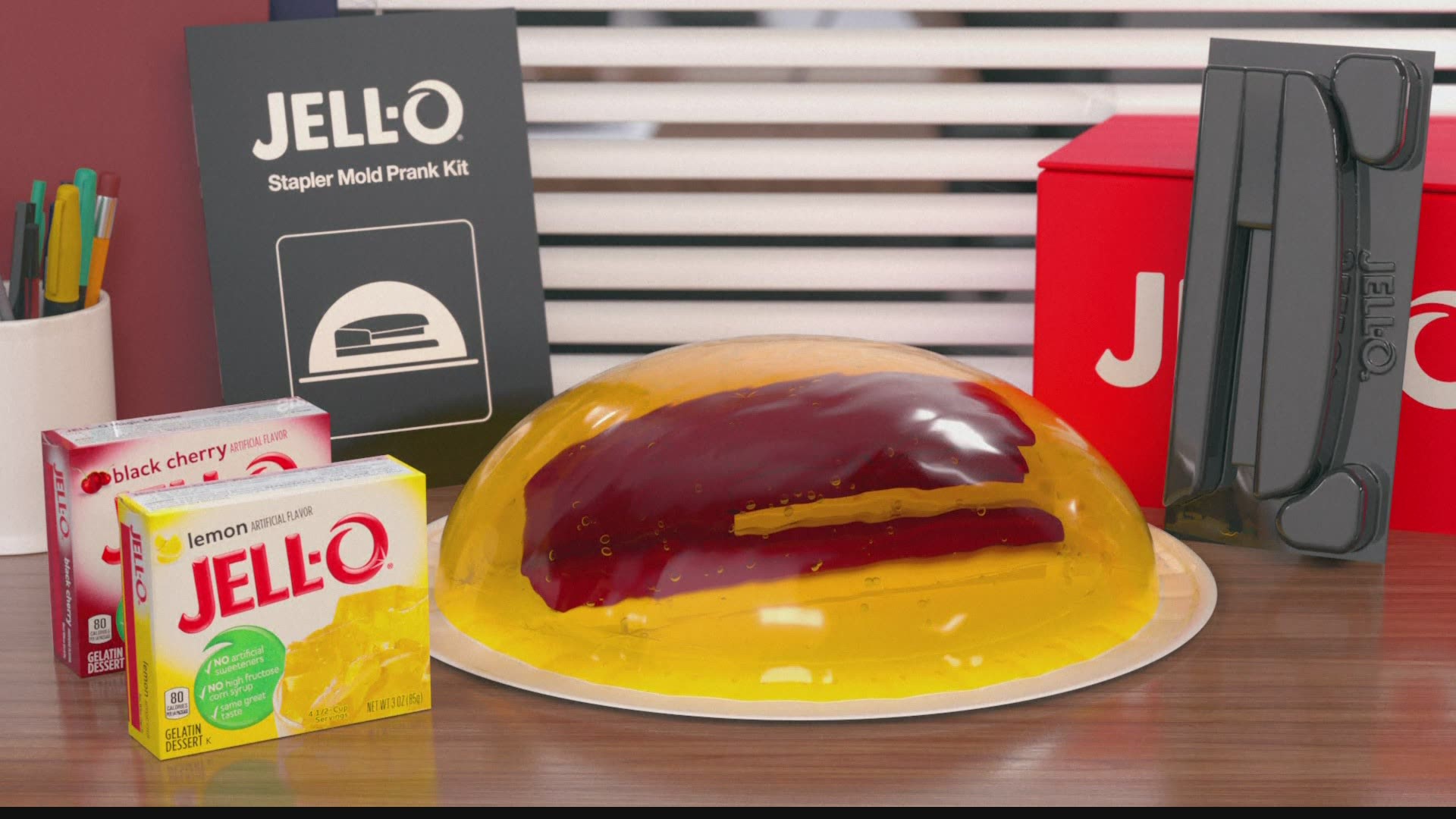 The Jell-O "gelatin mold stapler prank kit" comes with five boxes of Jell-O and instructions on how to perfectly recreate the prank.