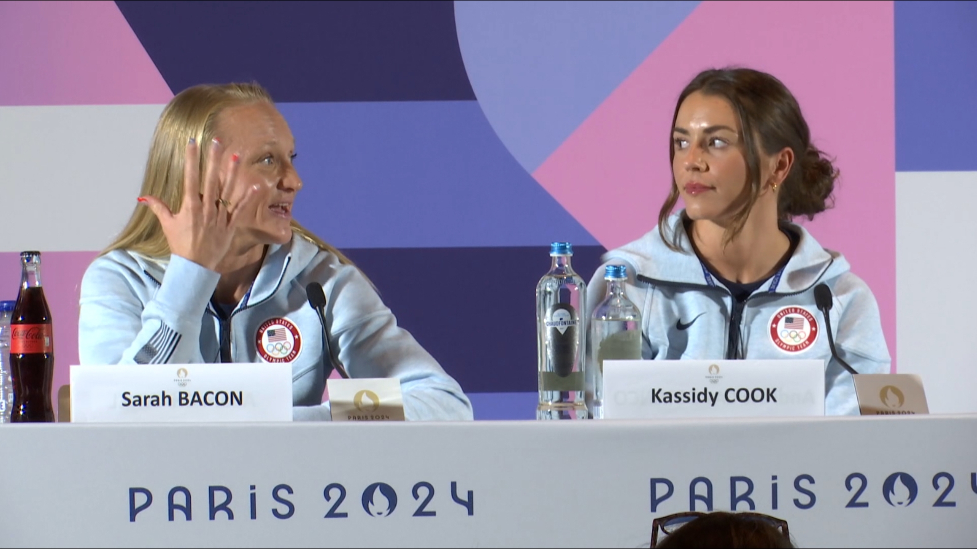 Anne Marie Tiernon and Samantha Johnson speak with Indiana athletes after arriving in Paris ahead of the 2024 summer games.