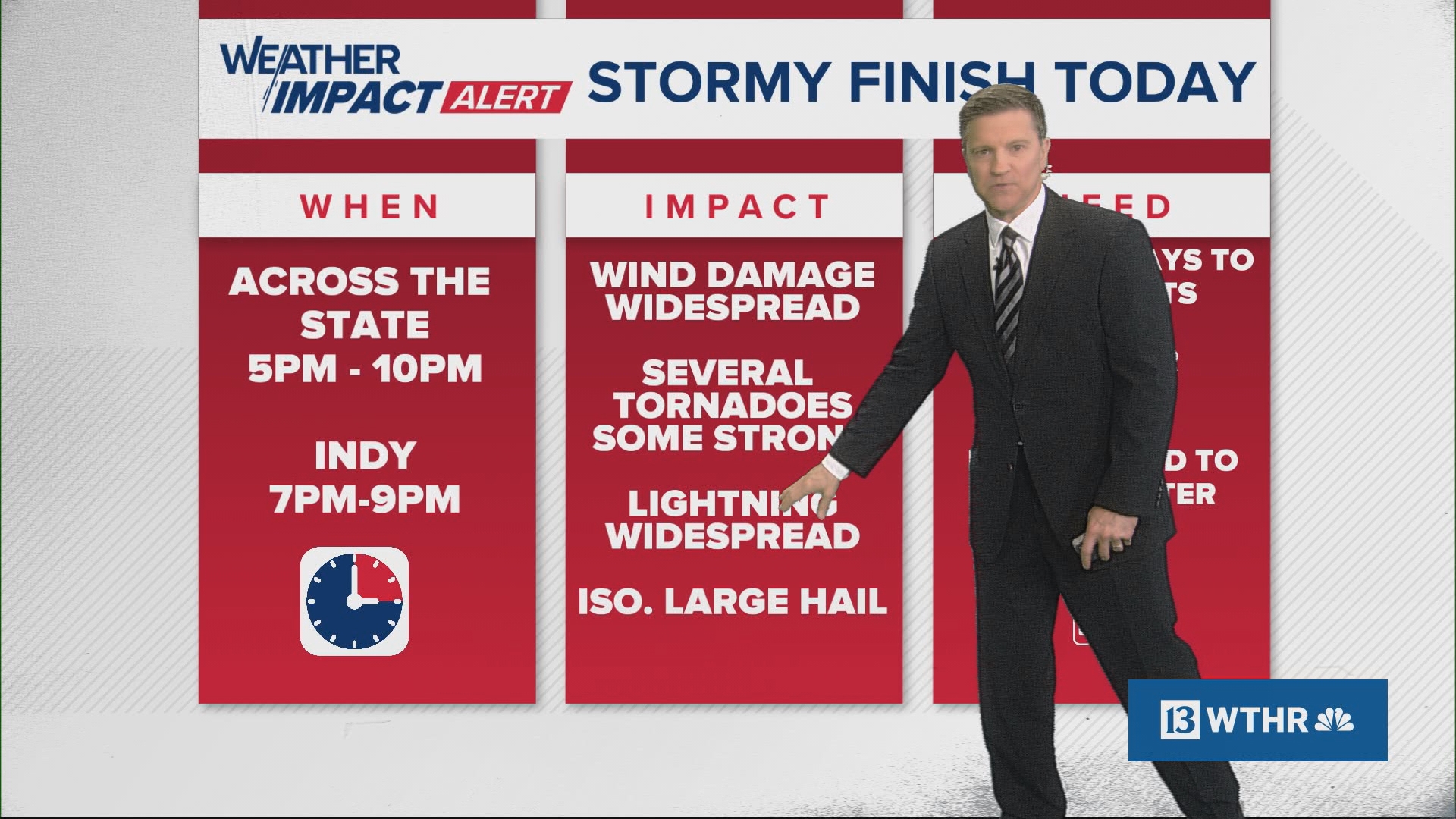 A cold front will spark clusters of very strong storms with wind, hail, lightning and tornado threats across Indiana. Most of the storms hit between 5 and 9 p.m.