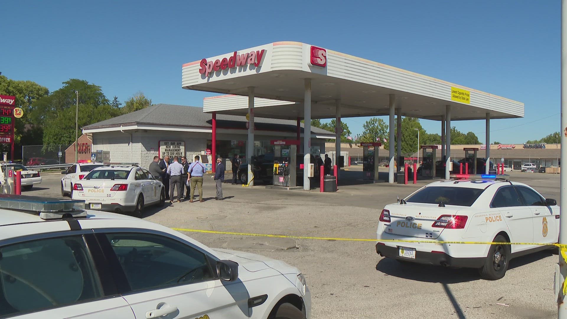 Police said it began with a disturbance outside a Speedway station.