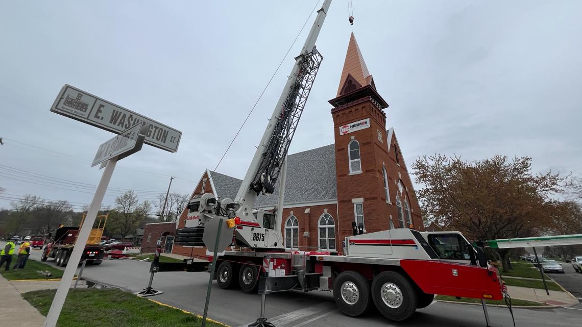 Martinsville church installs new steeple 2 years after tornado rips off original