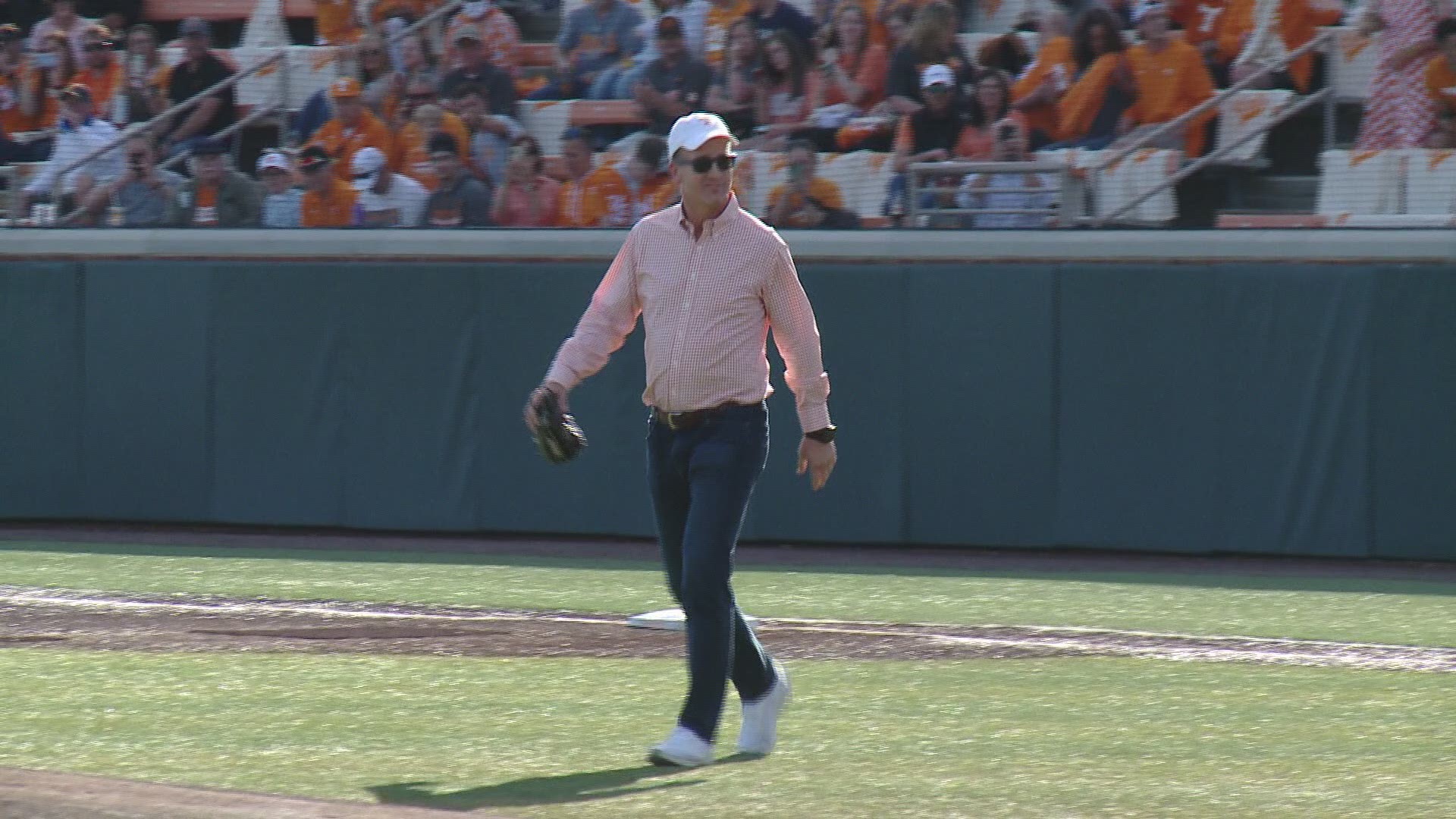 Peyton Manning brought the heat, throwing out the first pitch at his alma mater's baseball game Friday.