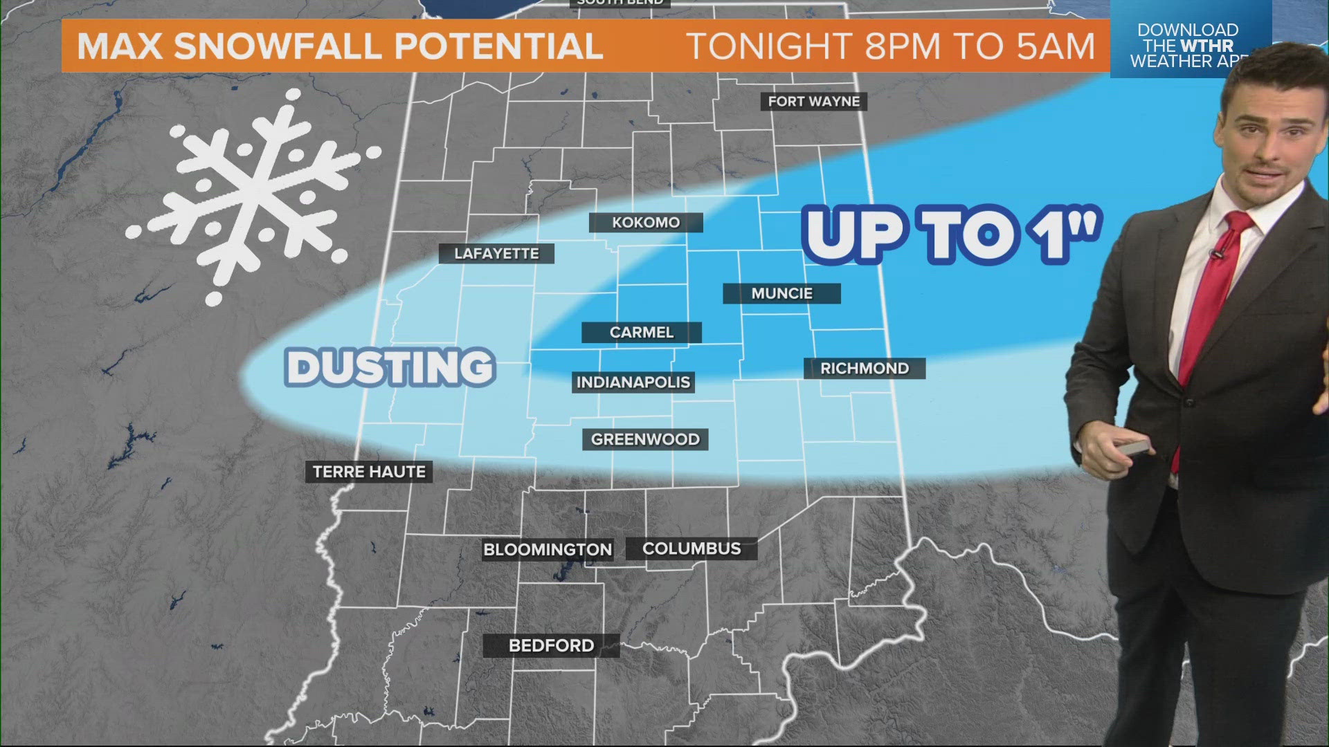 Some slick spots are expected across central Indiana, but if you do get some snow, most of it would be on grassy surfaces, not so much the roads. Many will be wet.