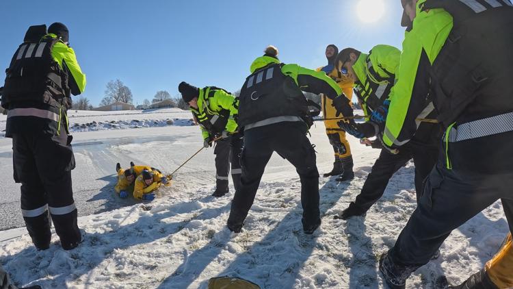 Emergency crews warn people of the dangers of frozen ponds