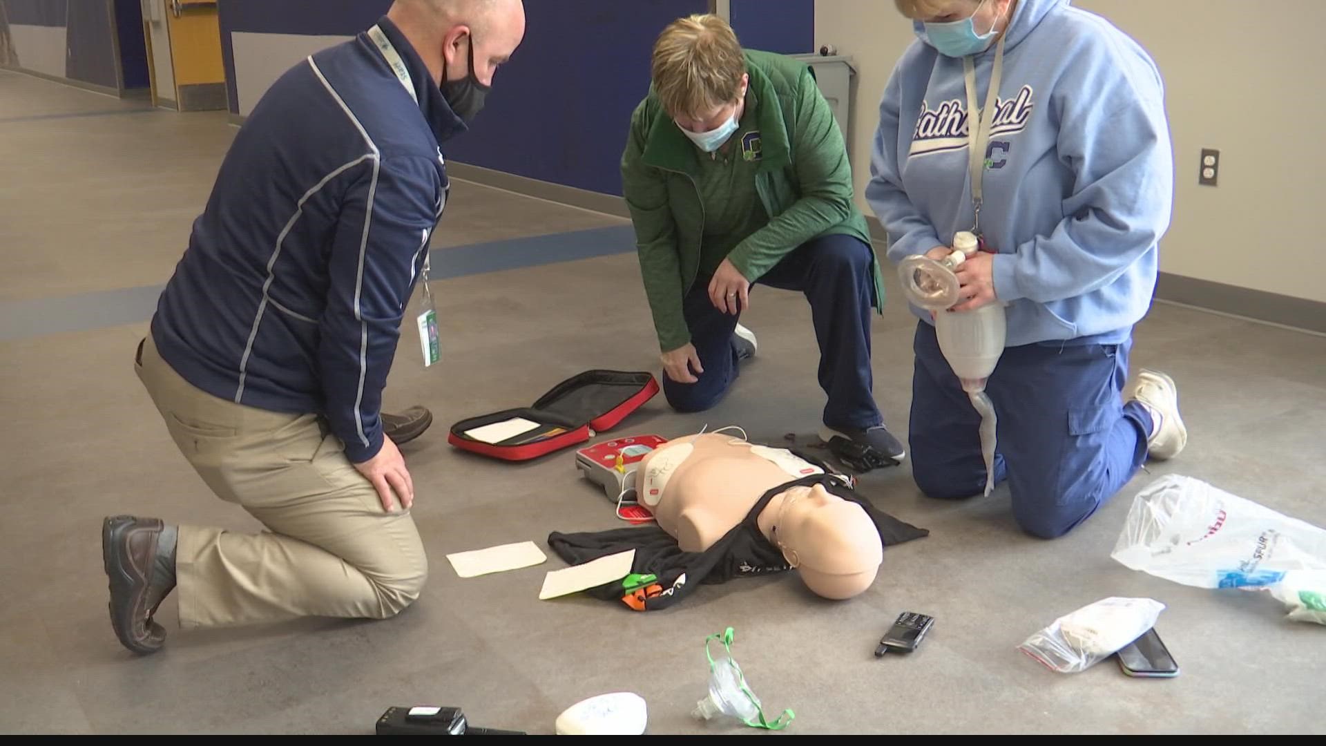 Rich Nye shows us how the staff at Cathedral High School.. is prepared to act fast.. with "life saving" equipment