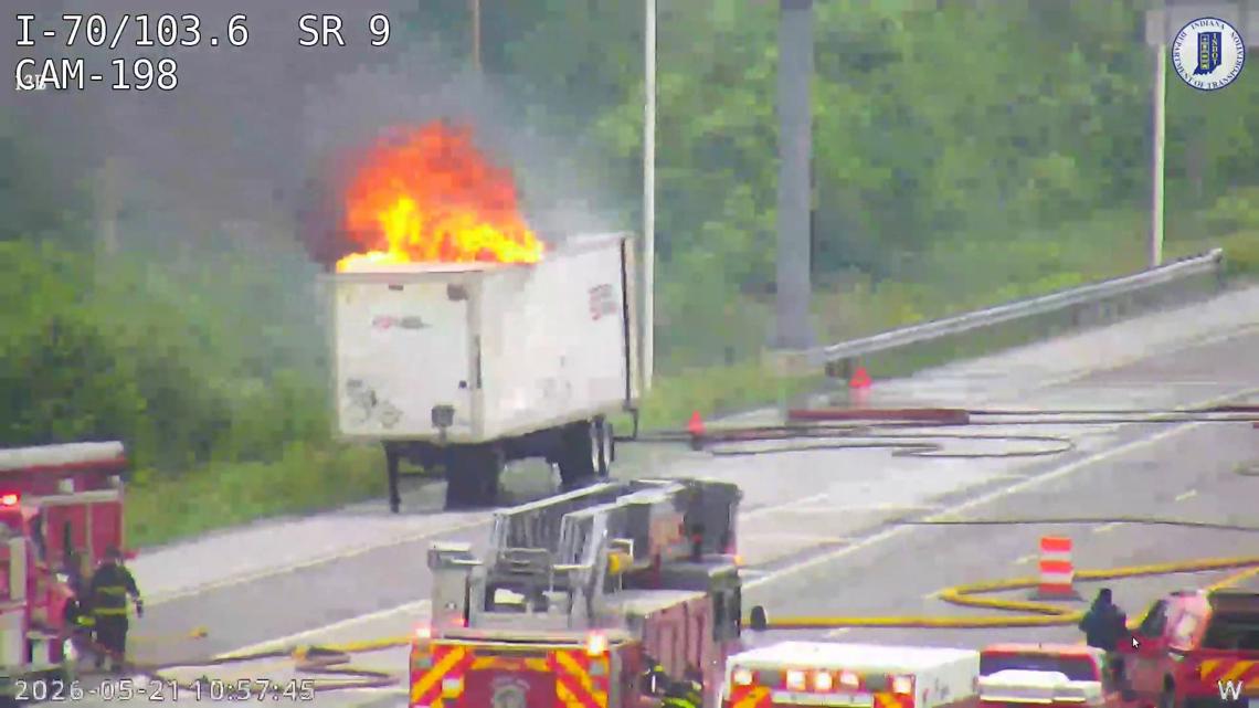 Eastbound I-70 in Greenfield closed for hours due to semi-truck fire carrying 32K pounds of lithium-ion batteries