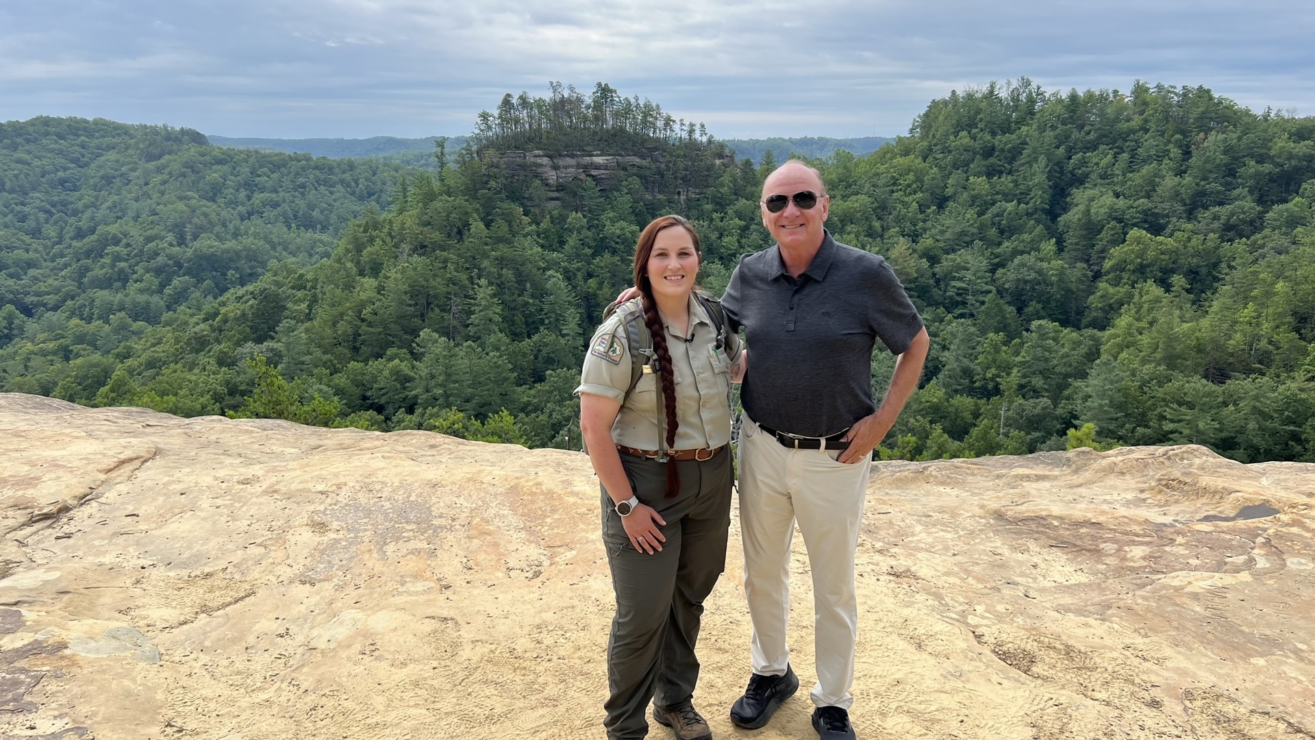 Naturalist Supervisor Samantha Evans talks with Chuck at the Natural Bridge.