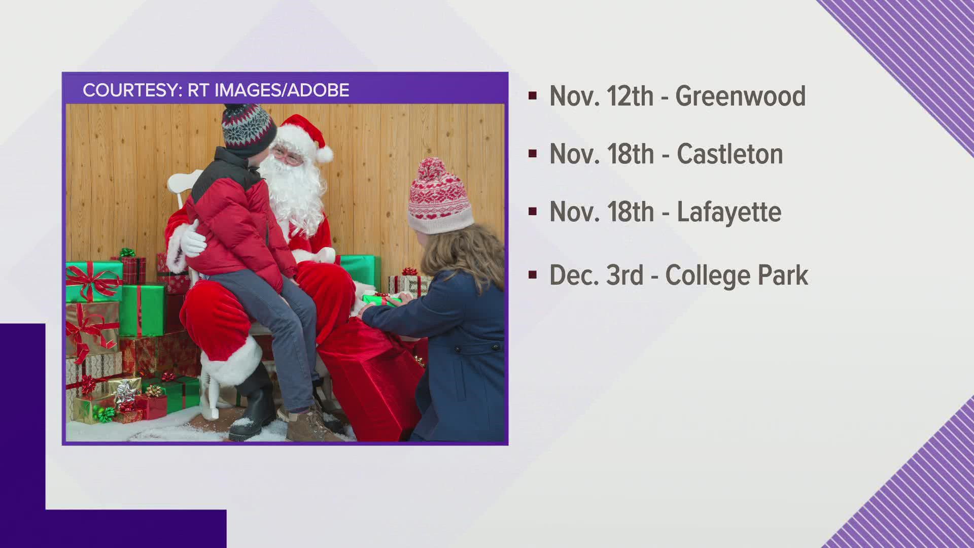 The jolly old elf will be visiting Castleton Square Mall, Greenwood Park Mall Tippecanoe Mall and College Mall for the holidays.