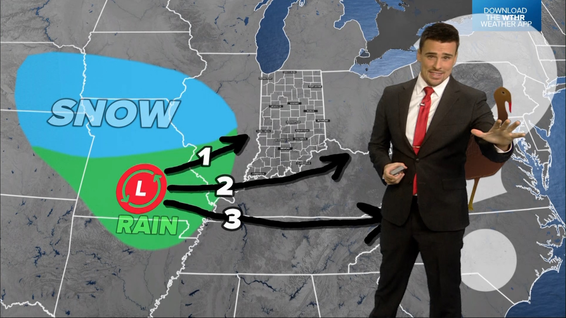 A low pressure system will form in the Ozarks and then track toward the Ohio River. Depending on its track, the rain - snow line may be somewhere over Indiana.