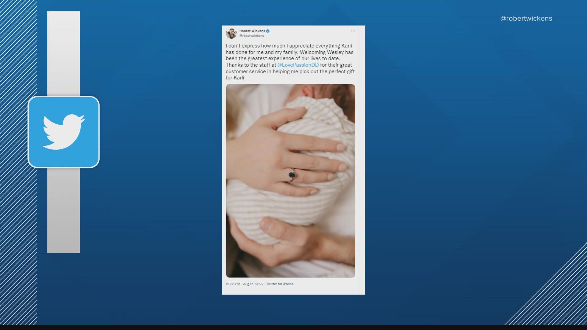 He shared the news in a tweet, with a picture of his wife Karli holding their baby Wesley.