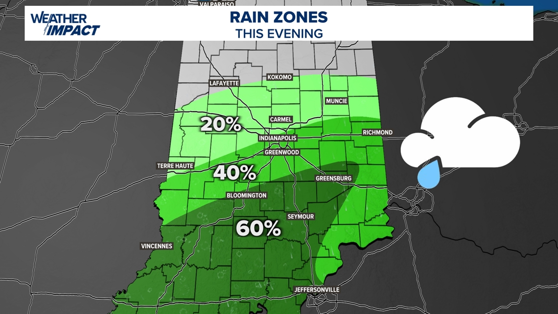 Rain zones Tuesday | Rain showers moving north Into Indiana