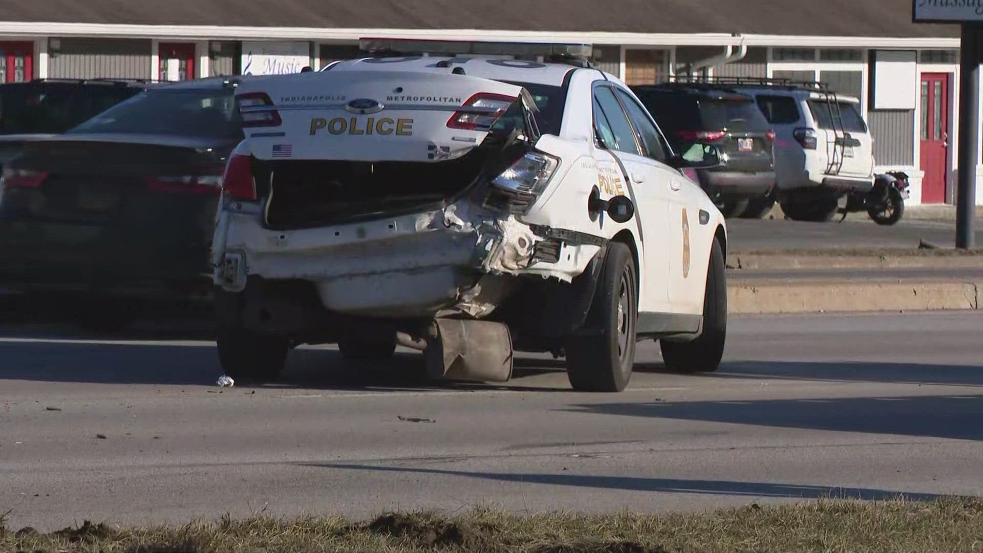 Two IMPD cars were involved in a crash on Indy's south side near US 31 and Epler Ave Tuesday afternoon.