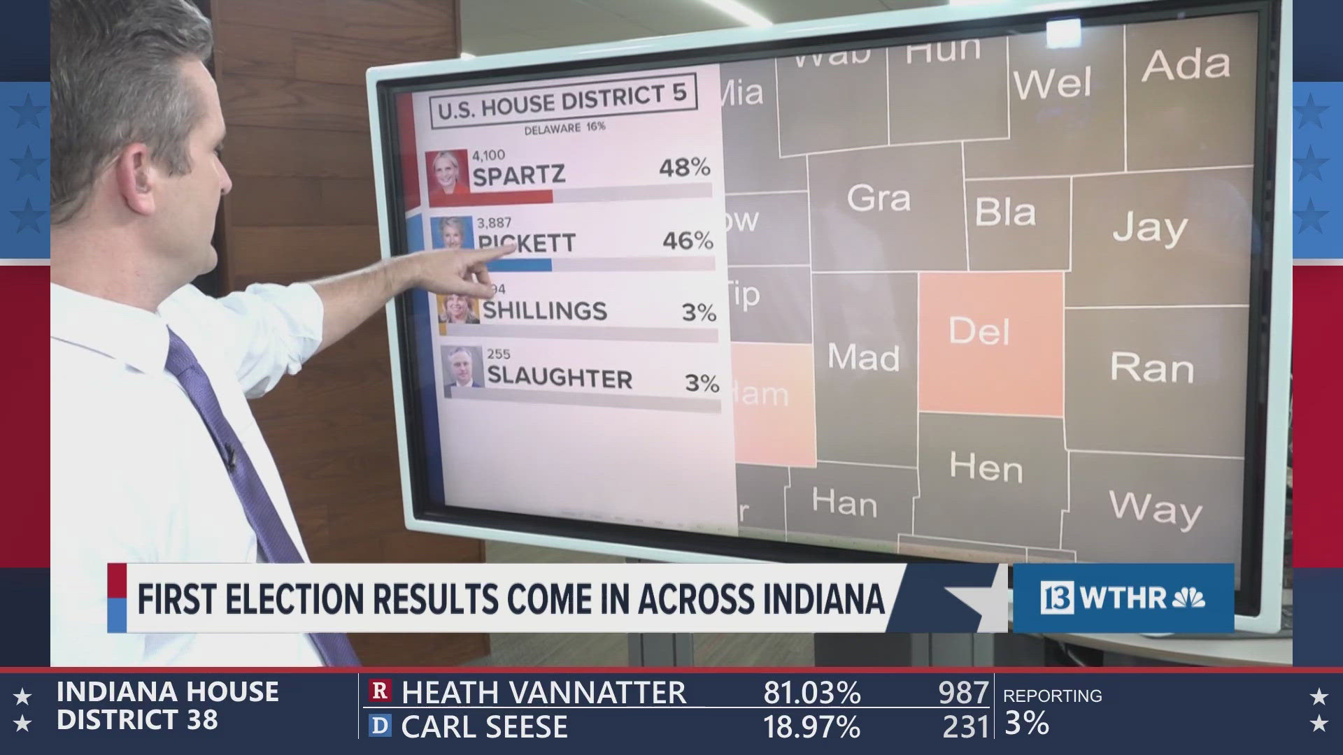 The AP is projecting Republican Mark Messmer to win Indiana's 8th District in the U.S. House of Representatives over Democrat Erik Hurt.