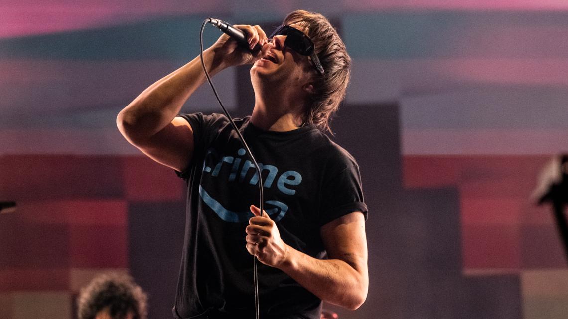 The Strokes performing at Ruoff Music Center in central Indiana on world tour