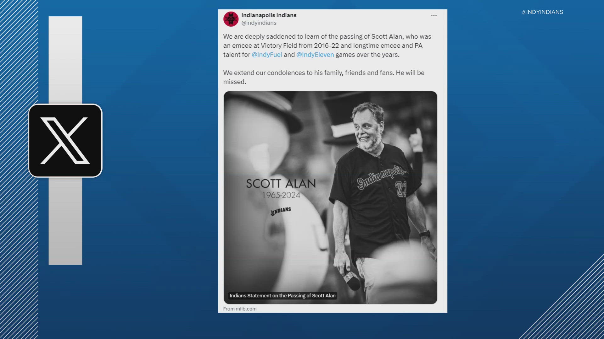 The Indy Fuel announced Tuesday night that emcee Scott Alan died Monday in a car crash. He was also the PA announcer for the Indy Eleven.