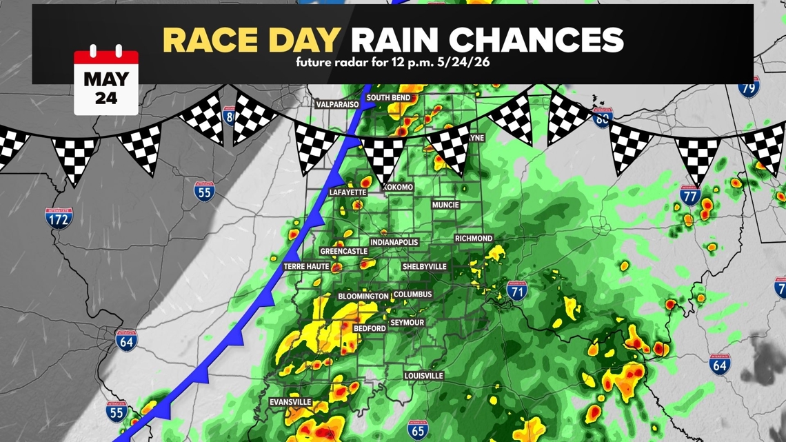Scattered showers and storms could impact the Indianapolis 500 | 13 Weather Blog Rain and storms are possible for the start of the race Sunday, May 24. Here's when chances increase and when things could clear up.