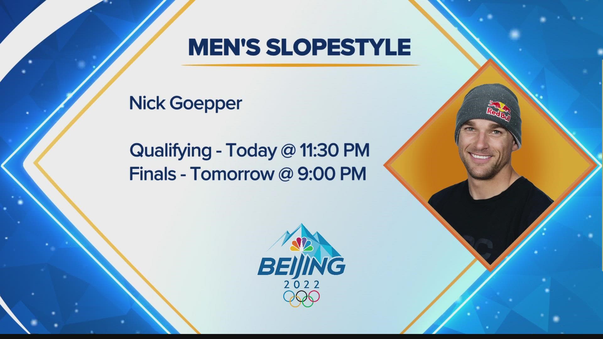 Nick Goepper will take part in the qualifying rounds of men's slopestyle at 11:30 p.m. on NBC tonight.