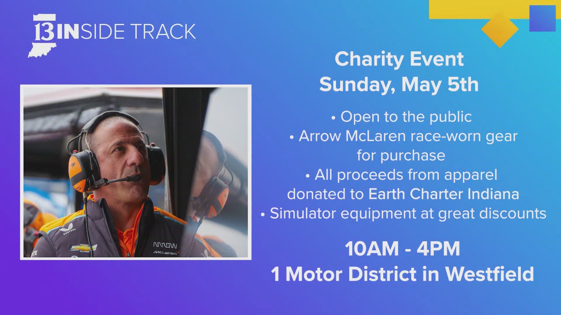 Join Tony Kanaan on May 5 to support Earth Charter Indiana at 1 Motor District in Westfield, Indiana.