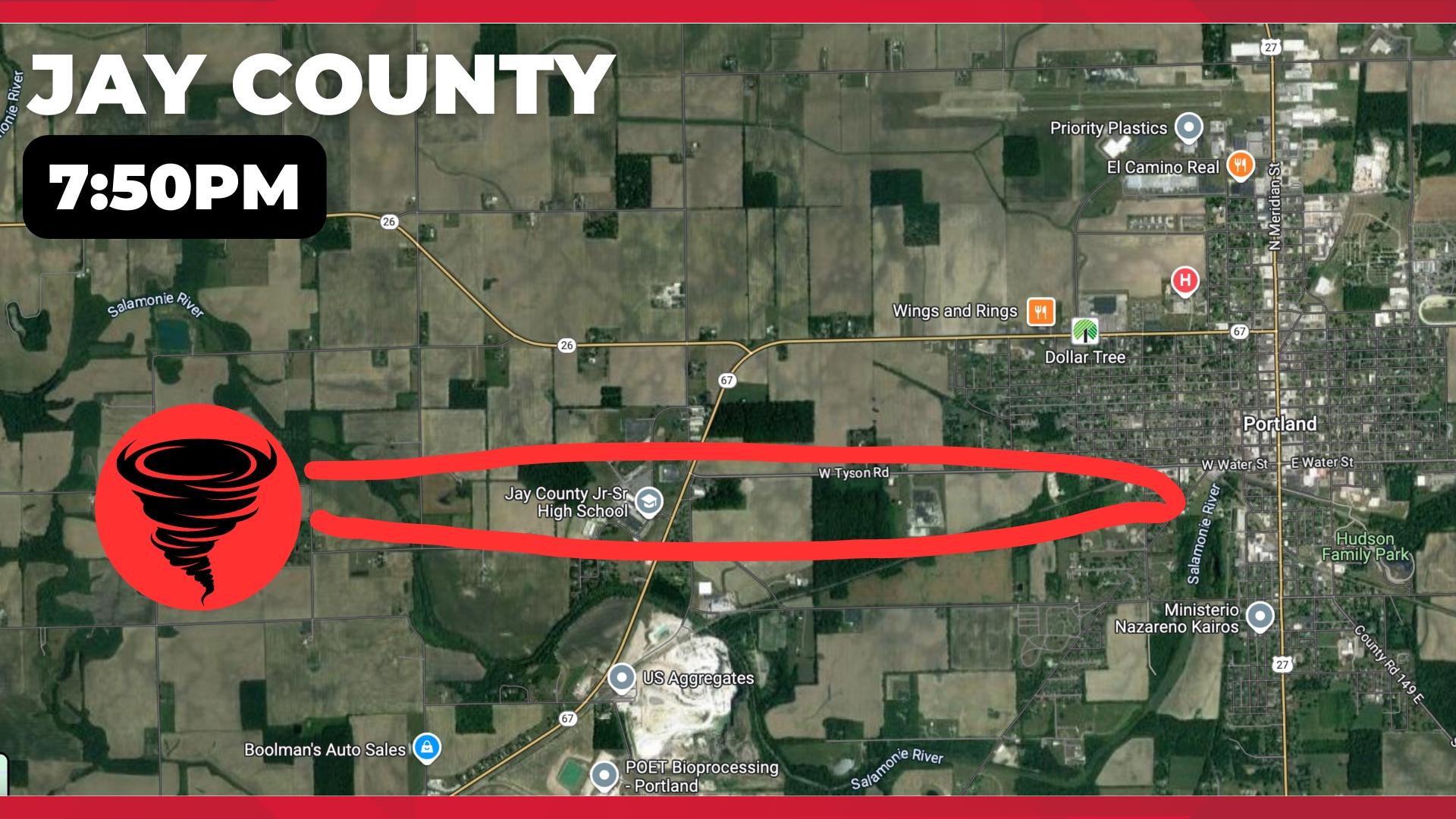 Two tornadoes touched down in eastern Indiana before 8 p.m. Sunday evening, one in Delaware County and another in Jay County. These were brief, shallow rotations.