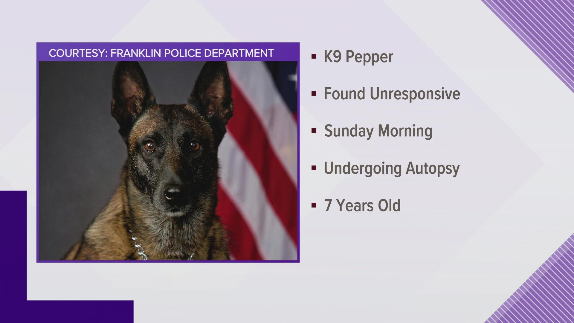 The Franklin Police Department is mourning the loss of a K-9 officer named Pepper.