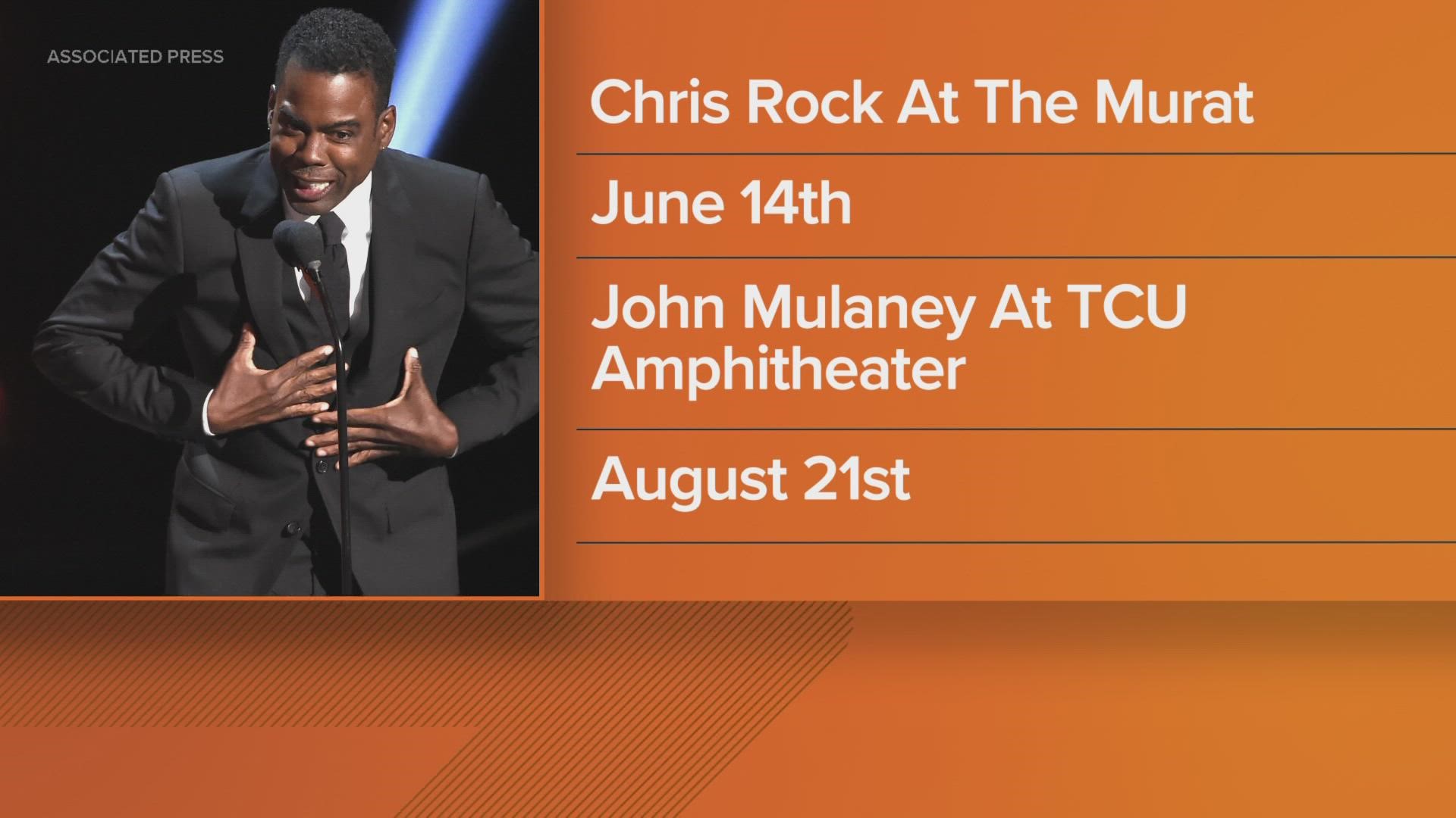 Chris Rock will perform in Indianapolis on June 14 while John Mulaney will perform on Aug. 21.