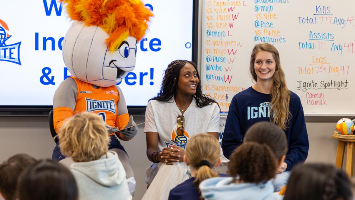 Indy Ignite players visit Hoosier classroom to help teach math using volleyball statistics